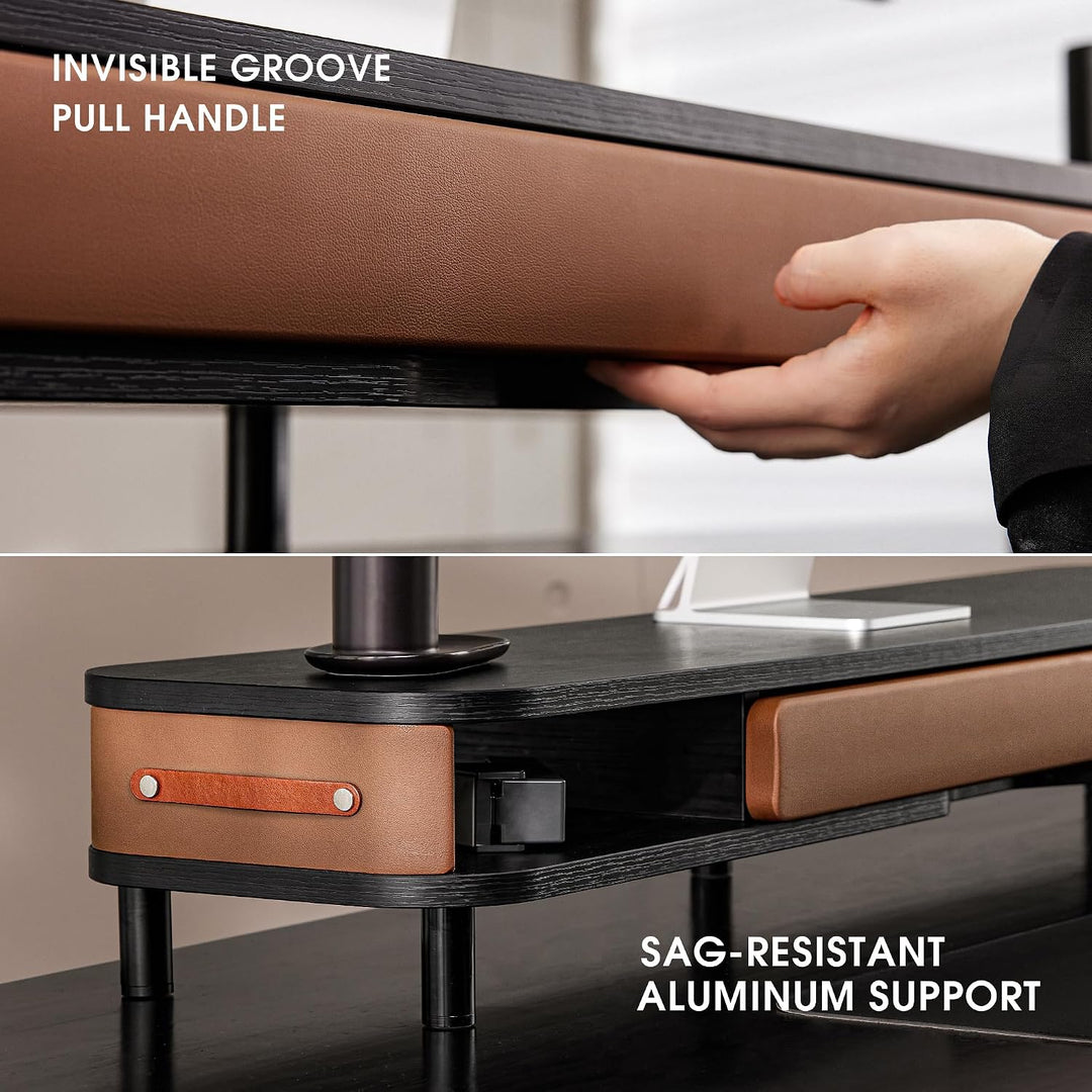 Fenge Dual Monitorständer mit Schublade, 108cm Bildschirmerhöhung mit Aluminiumbeinen & Ledergriff,