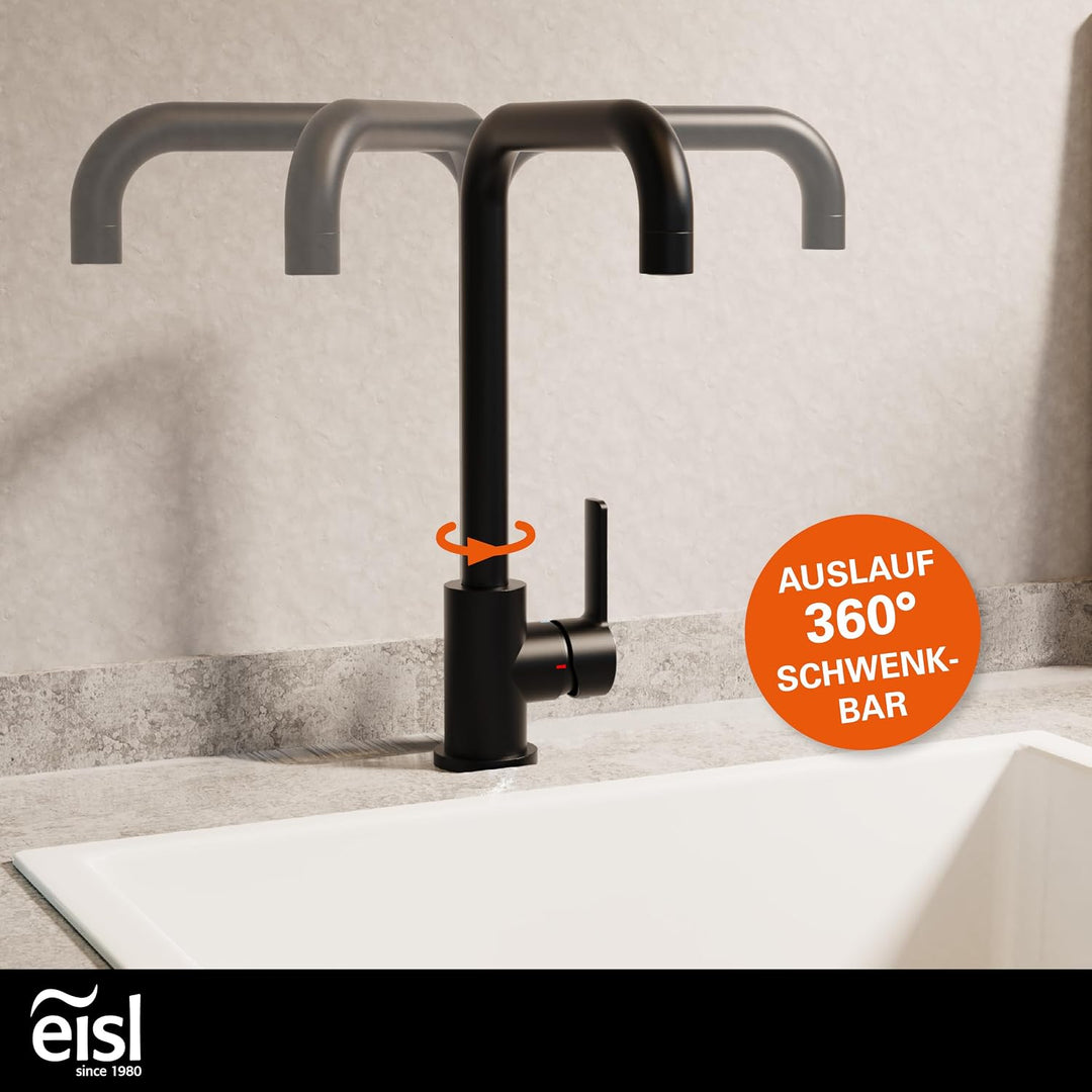 EISL FUTURA Spültischarmatur Schwarz Matt, 360° drehbarer Wasserhahn Küche Schwarz, Mischbatterie fü