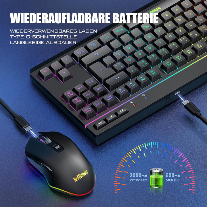 RedThunder 75% Kabelloses Tastatur und Maus Set, QWERTZ 94 Tasten TKL Layout, RGB, Wiederaufladbar F