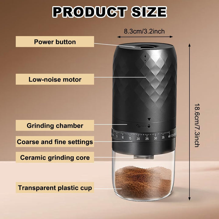 Elektrische Kaffeemühle Tragbar, Kegelmahlwerk mit 5 einstellbaren Mahlgraden, USB-C-Schnellladung u