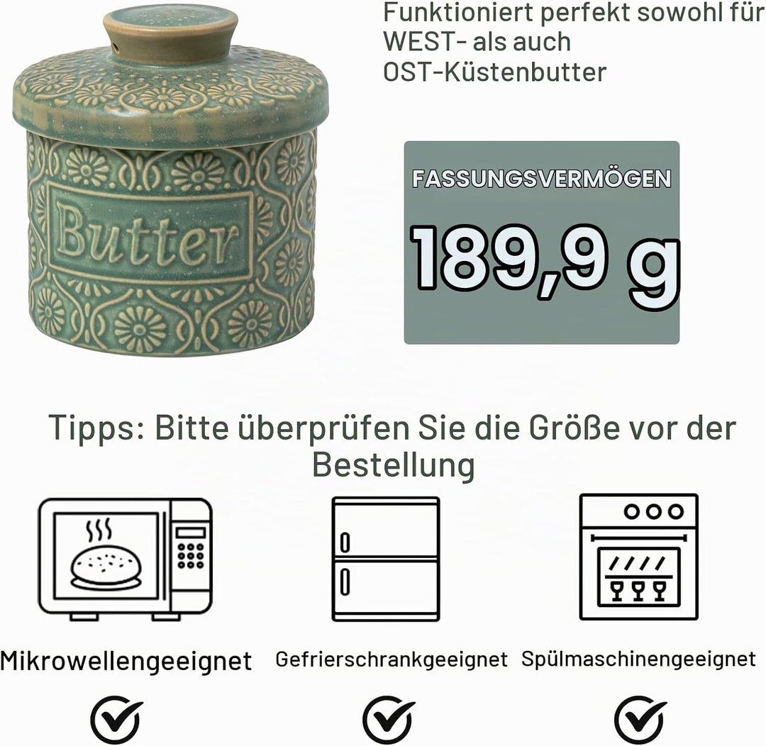 französische Keramikbutterglocke mit Deckel, Wassergekühlte Butterdose mit Wasserlinie, für frische