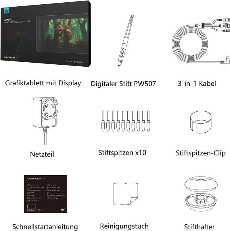 HUION Kamvas Pro 16 Grafiktablett mit Display Drawing Tablet mit Tilt-Funktion und 6 Drucktasten+1 T