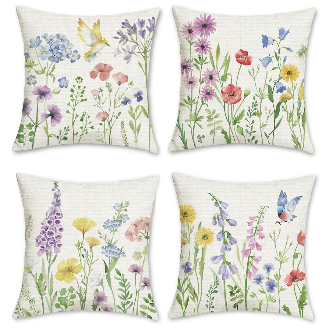 Bonhause 4er Set Kissenbezüge Blumen Garten 45 x 45 cm Frühling Blume Vögel Polyester Leinen Dekorat