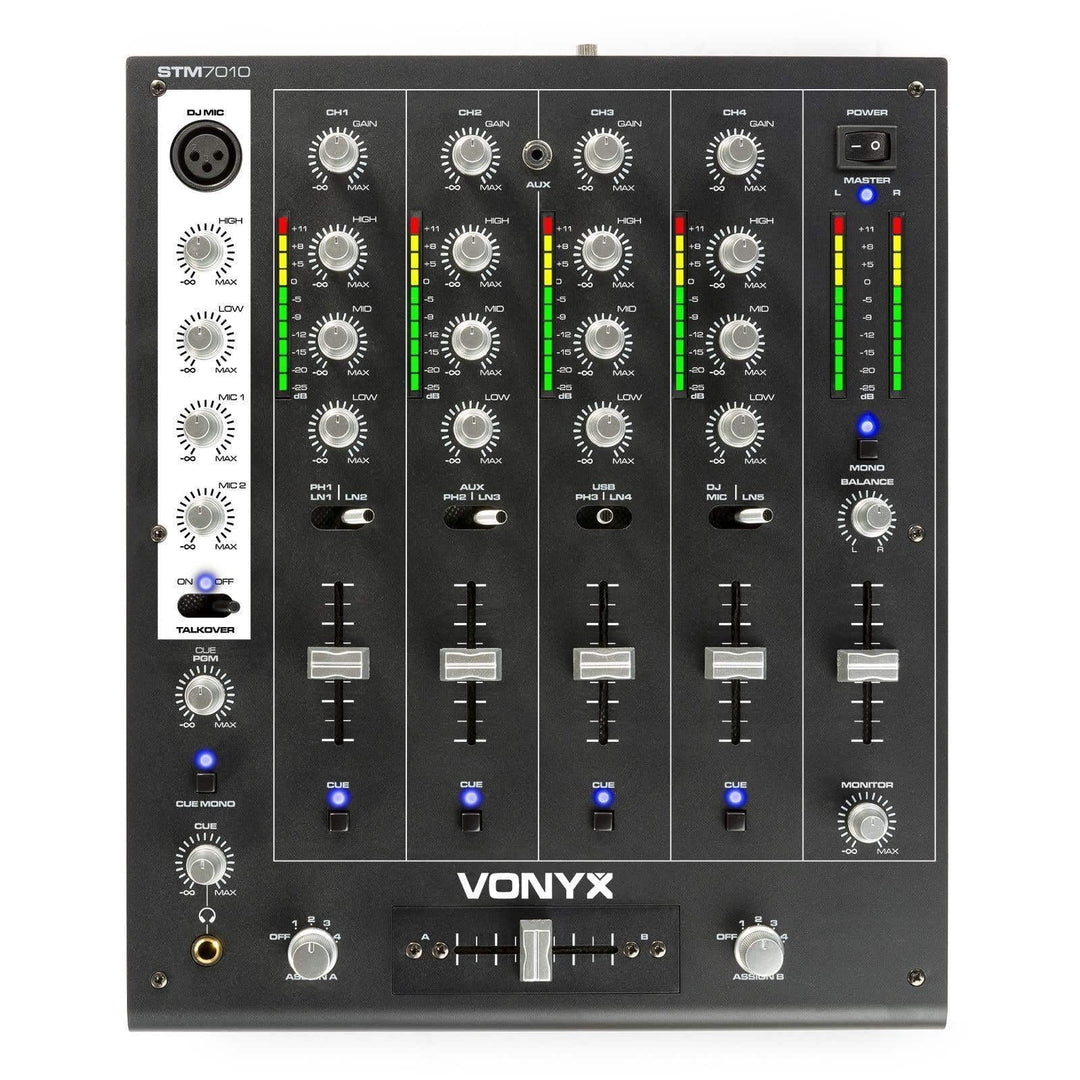SkyTec STM-7010 - DJ Mischpult, 4 Kanäle mit USB-Eingang, Club Mixer, DJ Mixer, MIC-Inputs, DMX, Cro