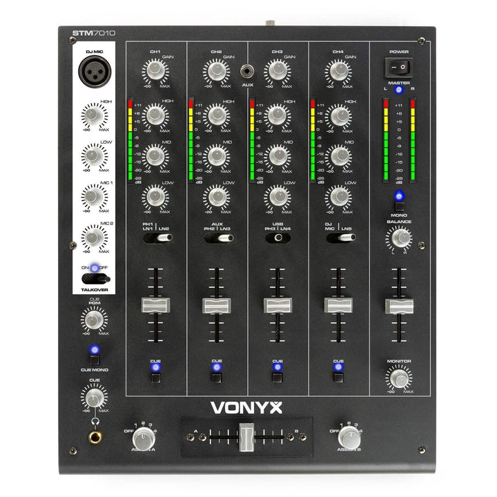 SkyTec STM-7010 - DJ Mischpult, 4 Kanäle mit USB-Eingang, Club Mixer, DJ Mixer, MIC-Inputs, DMX, Cro
