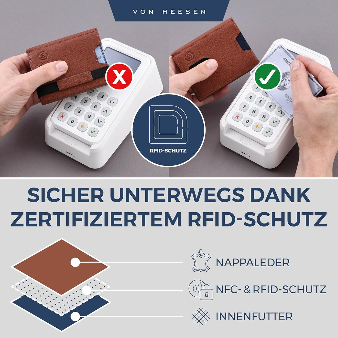 VON HEESEN Slim Wallet mit XL Münzfach &amp; RFID-Schutz - Leder Geldbeutel - Mini Geldbörse für Herren
