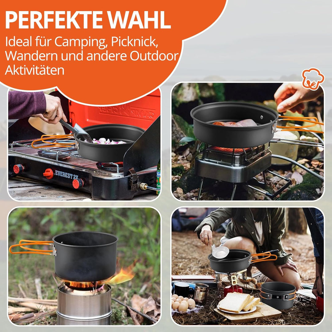 FUNYKICH Camping Kochgeschirr Set,11 Teilig Outdoor Geschirr Aluminium Campingkocher mit Topf Schale