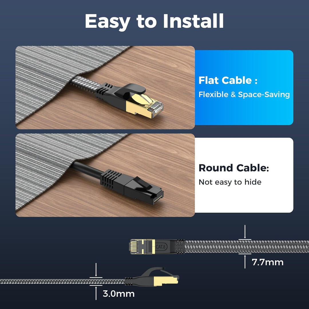 CAT8 Ethernet Kabel 50M, 40Gbps 2000MHz Flach Hochgeschwindigkeits Netzwerkkabel, Nylon Geflochten G