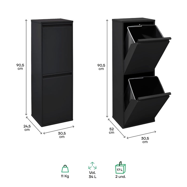 ARREGUI Basic CR206-B Recycling Abfalleimer/Mülleimer aus Stahl, Mülltrennsystem mit 2 entnehmbaren