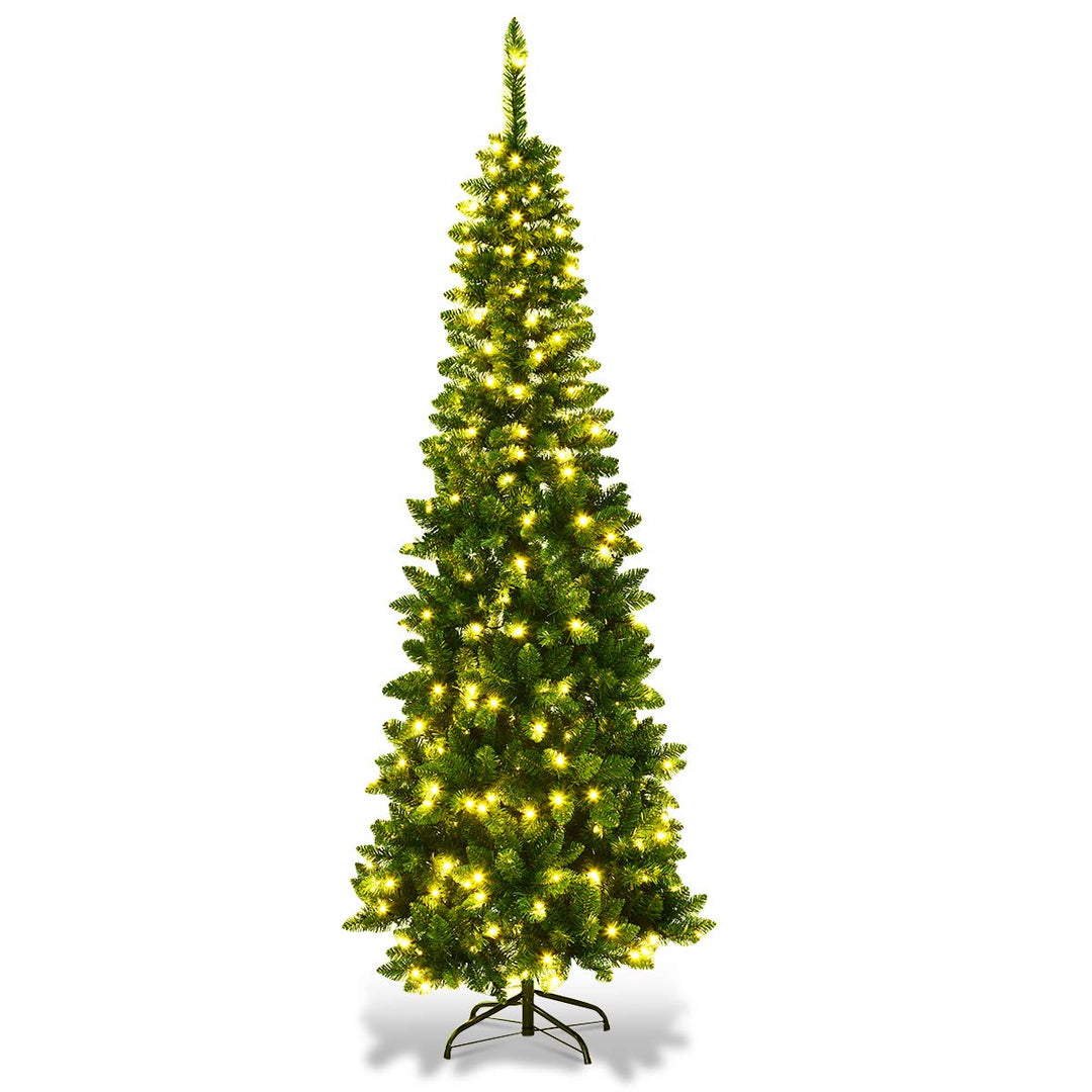 COSTWAY 135/200/225cm Bleistift Weihnachtsbaum mit warmweissen LED-Leuchten, künstlicher Tannenbaum
