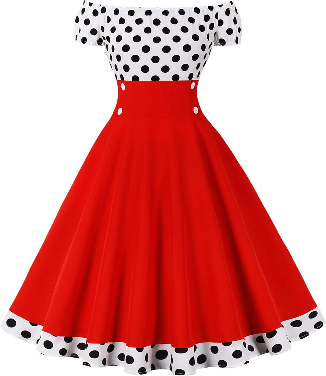 AXOE Damen Schulterfrei Kleid 50er Jahre Kleid Cocktailkleid mit Polka Dots Knielang S Rot/Weiss, S