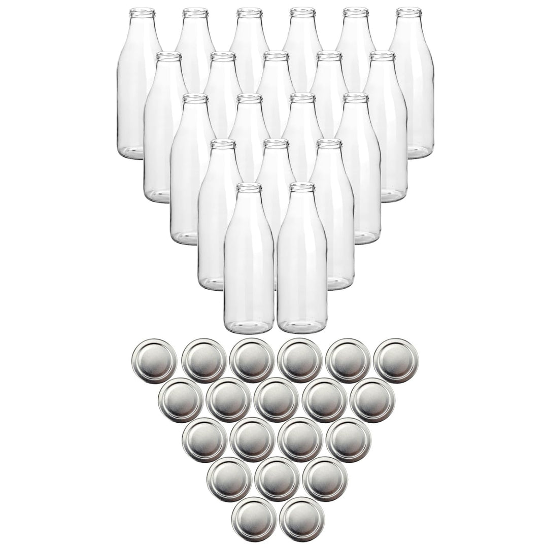 gouveo 20er Set Saftflasche 1000 ml mit Schraub-Deckel silberfarben - Grosse Glasflasche 1 Liter mit