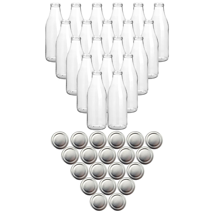 gouveo 20er Set Saftflasche 1000 ml mit Schraub-Deckel silberfarben - Grosse Glasflasche 1 Liter mit