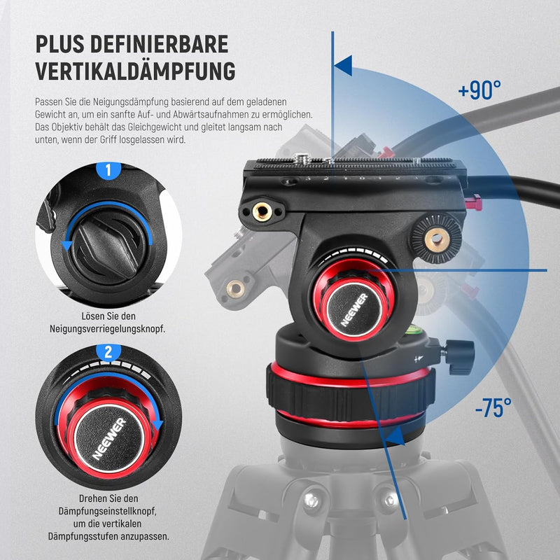 NEEWER 78" Pro Kohlefaser Videostativ mit Fluidkopf, 360° Schwenk- und 145° Neigungsdämpfung, DSLR K