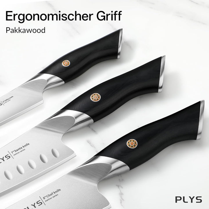 Plys Messerset Küchenmesser set 3-Teilig: Gefertigt aus 10cr15mov-Edelstahl, mit Pakkaholz Griff, Di