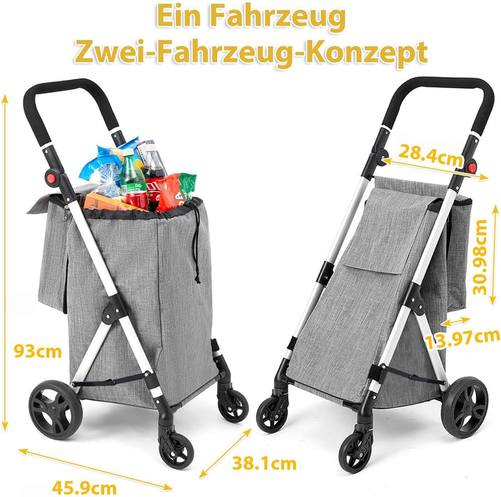 Einkaufstrolley, 46L Trolly Einkaufswagen Klappbar, 4 Rädern Aluminium Leichtgewicht Einkaufstrolley