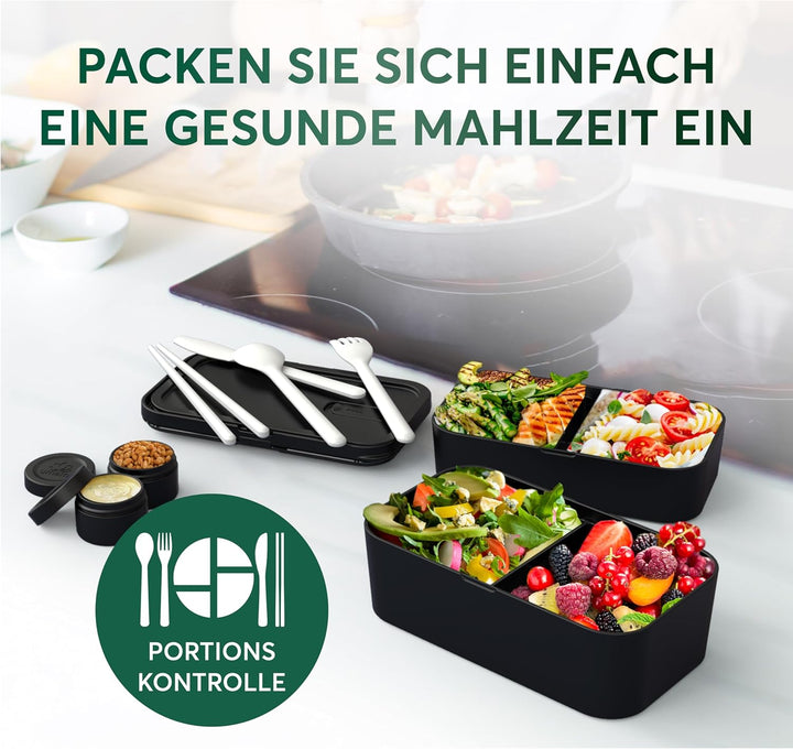 Umami Premium Lunchbox Erwachsene, Verschachtelbar Auslaufsichere Bento Box mit 4 Bestecke & Fächern