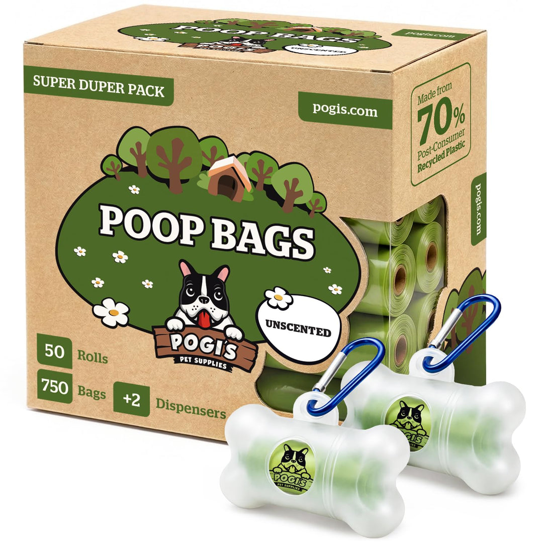 Pogi's Hundekotbeutel - 50 unparfümierte Rollen (750 Tüten) +2 Spender – grosse, biologisch abbaubar