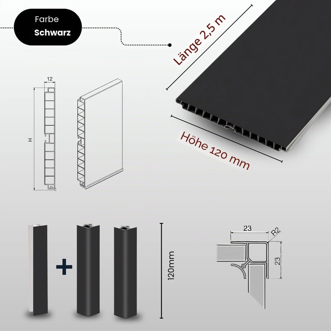 Evotrade Küchensockel – Sockelleiste L 2,5 m aus PVC | Höhe und Farben wählbar + Zubehör (2 Eckkappe