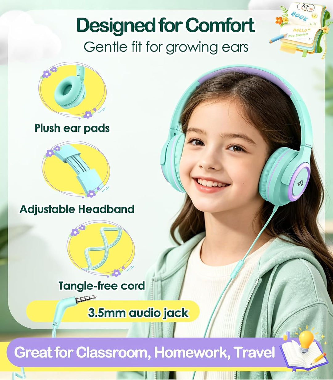INFURTURE CH1 Kinder Kopfhörer, Kabel Kopfhörer für Kinder, Verstellbares Stirnband, Stereo Sound, F