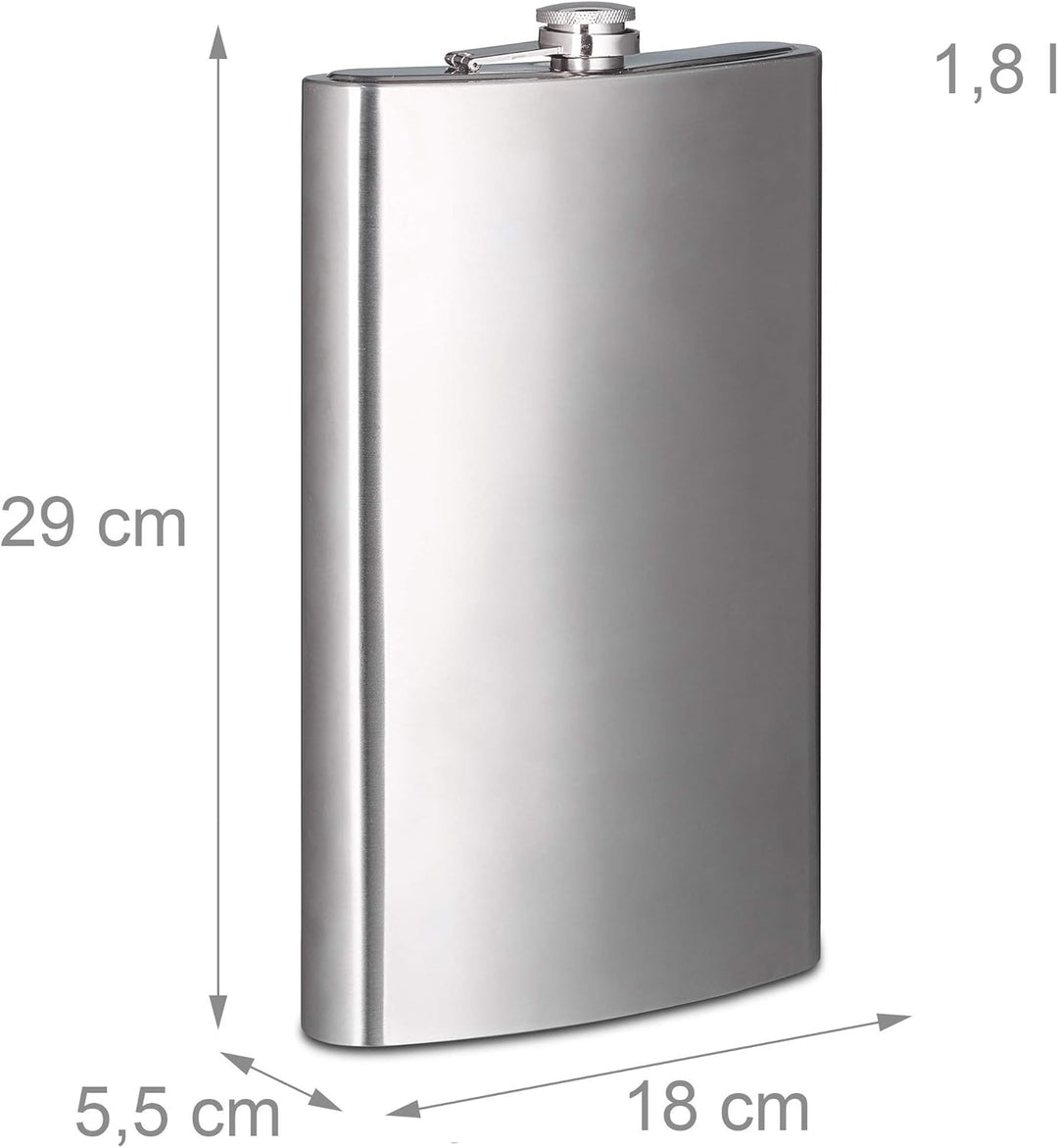 Relaxdays XXL Flachmann aus Edelstahl, hochwertige Taschenflasche zum Umhängen, 1,8l Fassungsvermöge