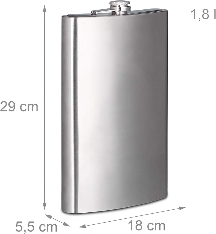 Relaxdays XXL Flachmann aus Edelstahl, hochwertige Taschenflasche zum Umhängen, 1,8l Fassungsvermöge
