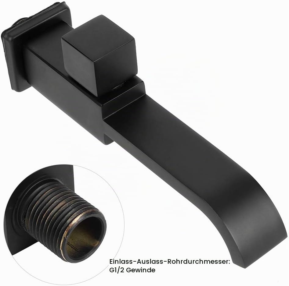 Wandarmatur, Mattschwarz, Kaltwasserhahn, Waschtischarmatur, Wasserhahn, Messing G1 / 2 für Küche, B