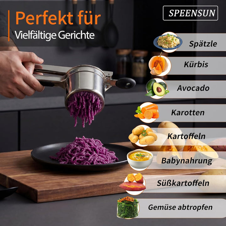 SPEENSUN Kartoffelpresse & Spätzlepresse aus Edelstahl (450ml) | 3 Lochscheiben & rutschfester Silik