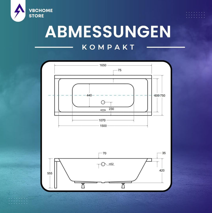 VBChome Badewanne 165x75 cm Acryl SET Wannenträger Siphon Wanne Rechteck Weiss Design Modern Styropo