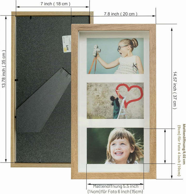 BD ART 18x35 cm 3D Box, Mehrfach Bilderrahmen, Bildergalerie, Fotogalerie mit Passepartout und 3 Fot
