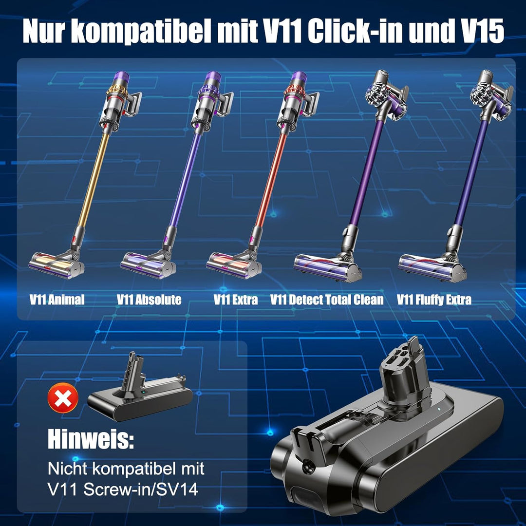 V11 Akku für Dyson V11 V15, 6000mAh V11 Akku Kompatibel mit V11(Knopftyp) V15 SV15 SV16 SV22 SV28 St
