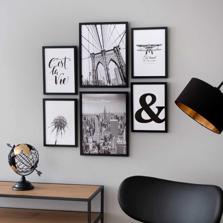 PHOTOLINI schwarze Bilderrahmen Set verschiedene Grössen, 6 Bilderrahmen schwarz Holz MDF, Bilder Ra