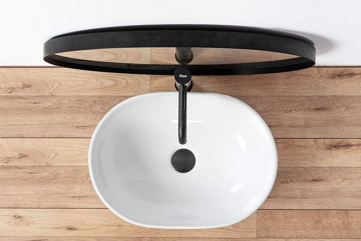 VBChome Waschbecken mit Armatur 48 x 35 Keramik Armatur Schwarz Oval Waschtisch Handwaschbecken AUFS