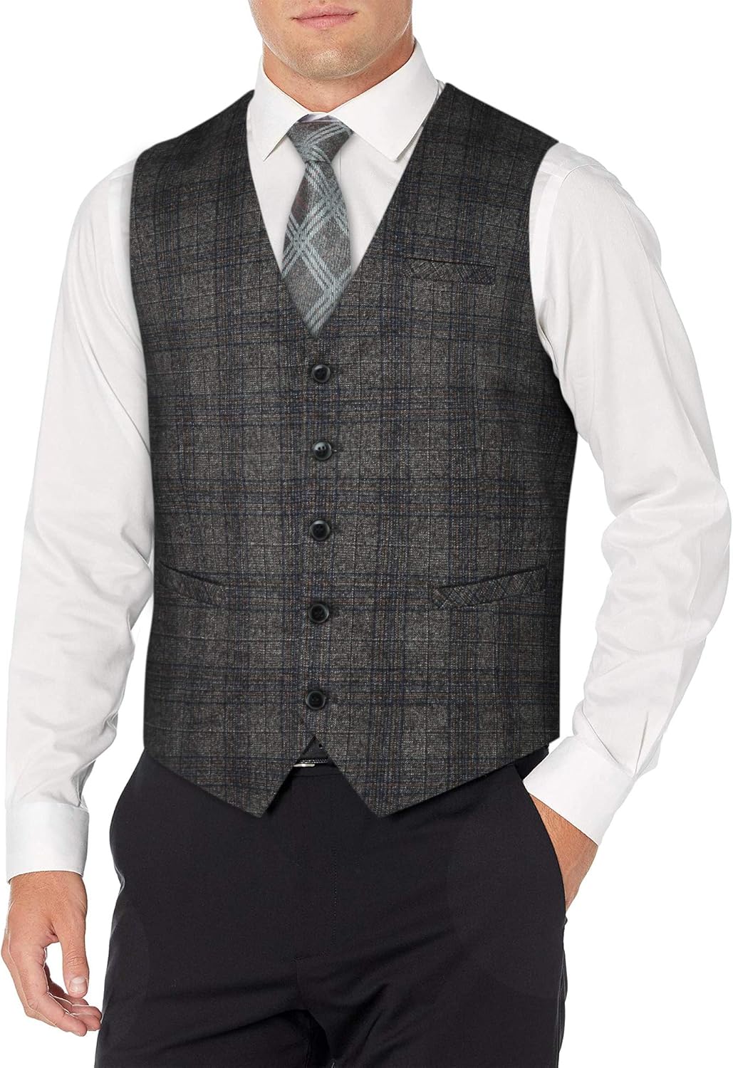 HISDERN Karierte Weste Herren Formale Klassische Weste Baumwolle Hochzeit Hahnentritt Anzugweste L A