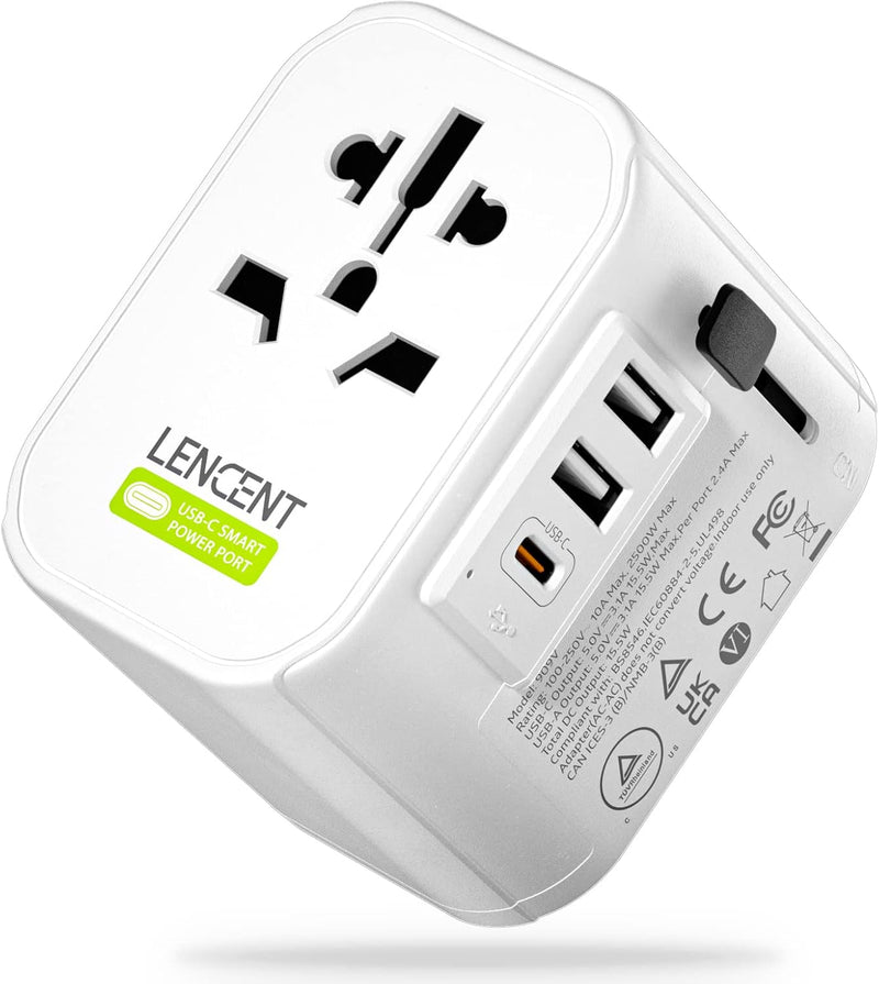 LENCENT Reiseadapter Reisestecker Weltweit 2-Pin EU Steckdose 2500W auf 3-Pol mit USB-C & 2 USB-A In