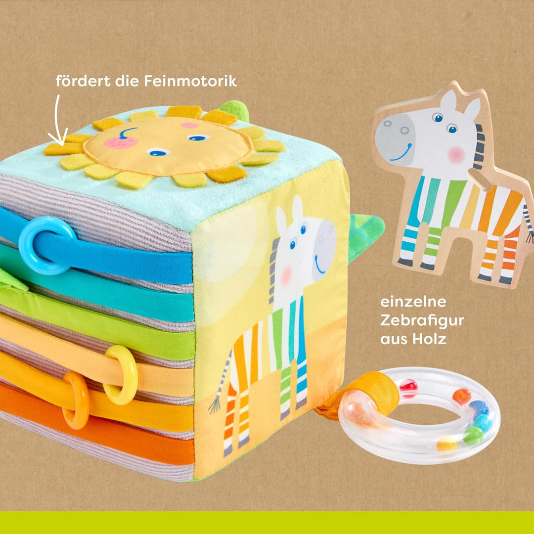 HABA Entdeckerwürfel Zebra – Baby-Sensorik-Würfel mit abnehmbarem Holz-Zebra & Spieleffekten – Babys