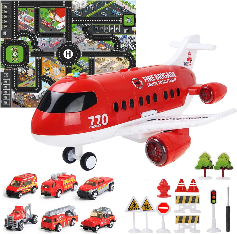 Coolplay Flugzeug Spielzeug Auto Set, 1 Gross Flugzeug 6 Feuerwehrauto mit Verkehrsschilder Spielzeu