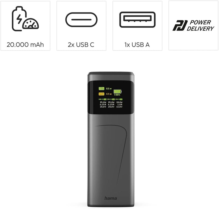 Hama Power Pack High Power, 20000 mAh, 2X USB-C, USB-A, Schnelladen 65W | externer Akku mit 65 Watt,