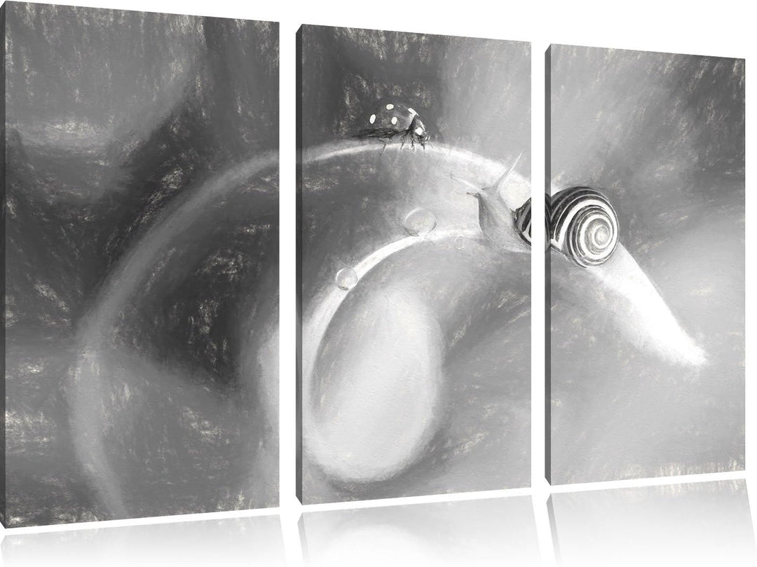 Pixxprint eine Schnecke und Marienkäfer auf Einer Pflanze Kunst Kohle Effekt 3-Teiler Leinwandbild 1