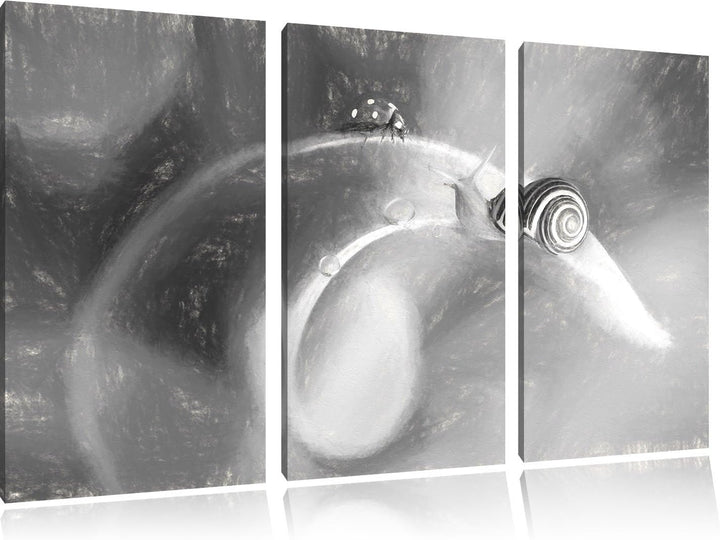 Pixxprint eine Schnecke und Marienkäfer auf Einer Pflanze Kunst Kohle Effekt 3-Teiler Leinwandbild 1