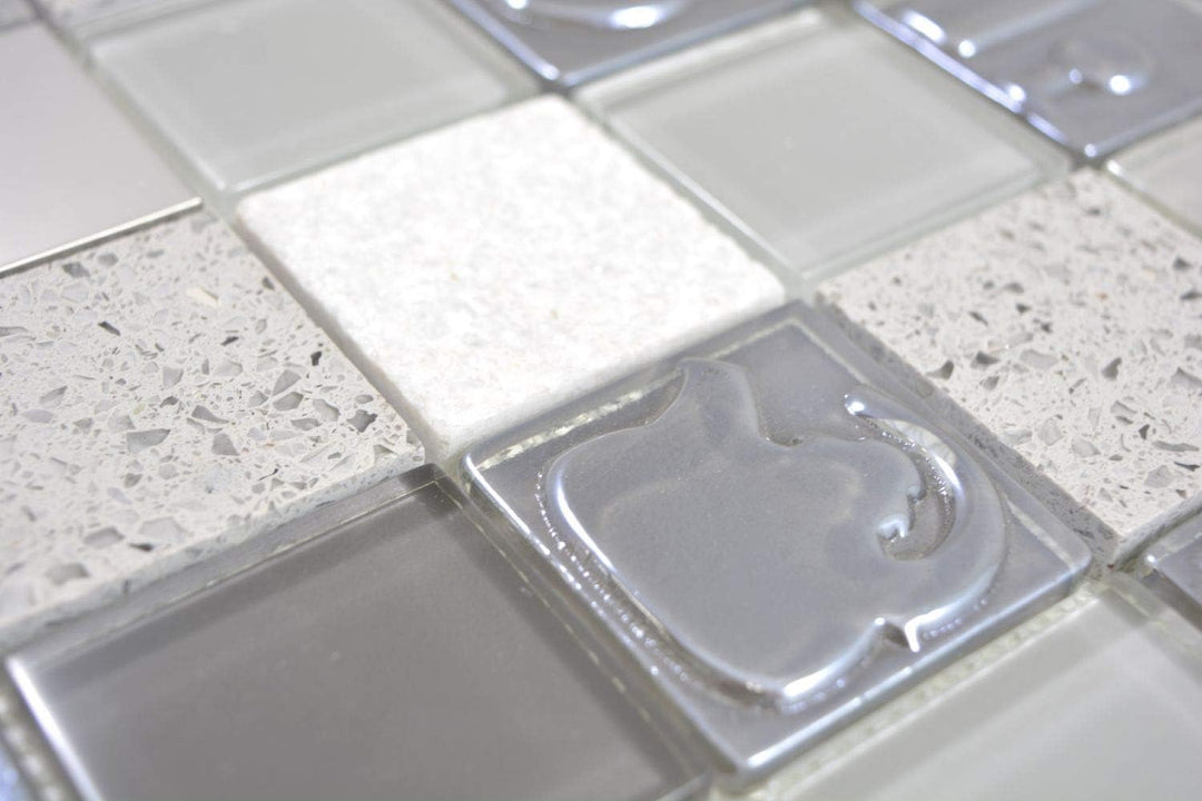 Mosaik Fliese Quadrat Crystal/Artificial/Stein/Stahl mix Relief grey für WAND BAD WC KÜCHE FLIESENSP