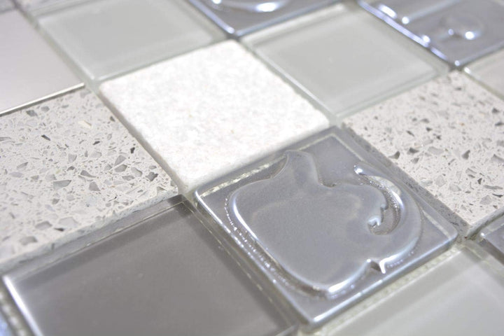 Mosaik Fliese Quadrat Crystal/Artificial/Stein/Stahl mix Relief grey für WAND BAD WC KÜCHE FLIESENSP