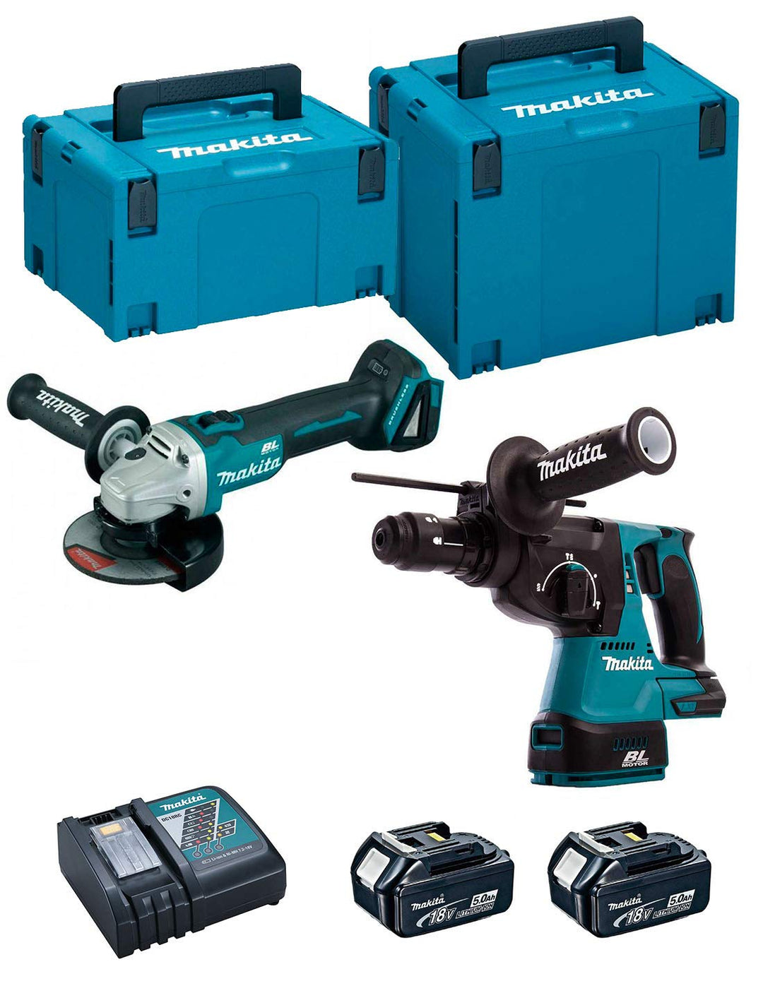 Makita dlx2125tj1 – Combo DGA504Z + DHR243Z+DC18RC+BL1850Bx2 Li 18 V 5,0 AH MAKPAC