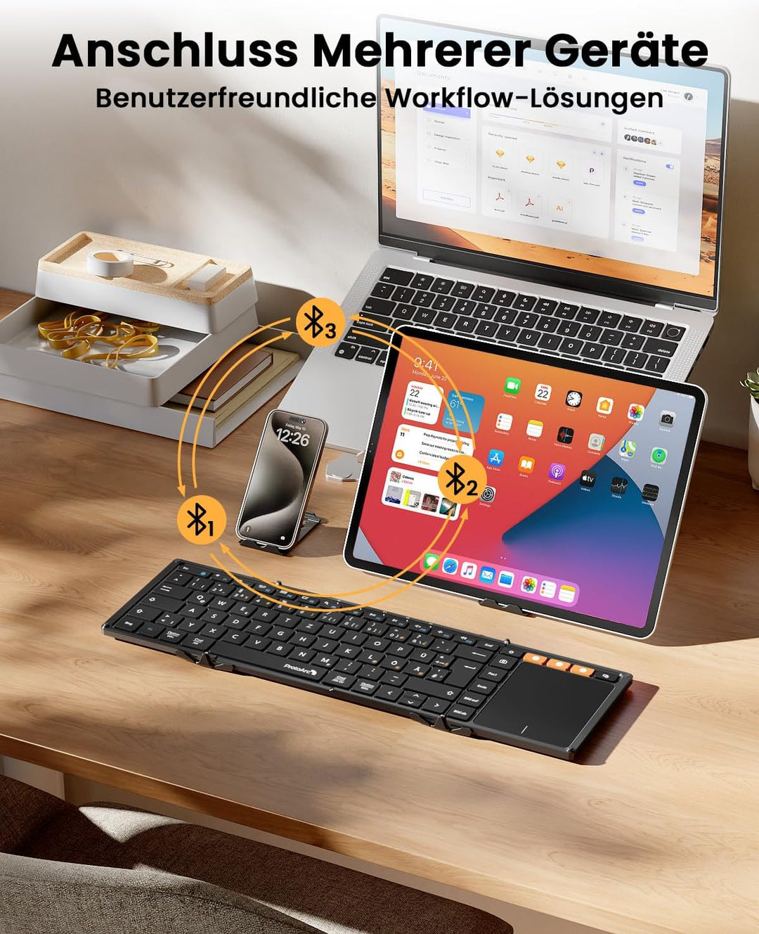 ProtoArc XK01 TP Bluetooth Tastatur Faltbare mit Touchpad, Tastatur Kabellos Klappbare QWERTZ Deutsc