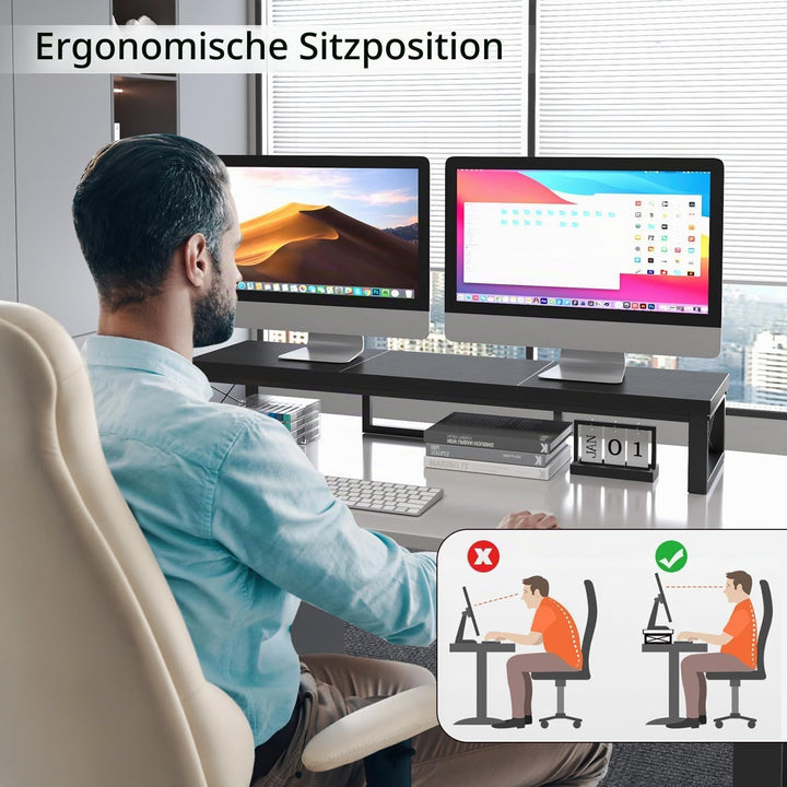IBUYKE Dual Monitorständer, Computer Bildschirmerhöhung, 97cm Holz Schreibtisch Monitor Erhöhung mit