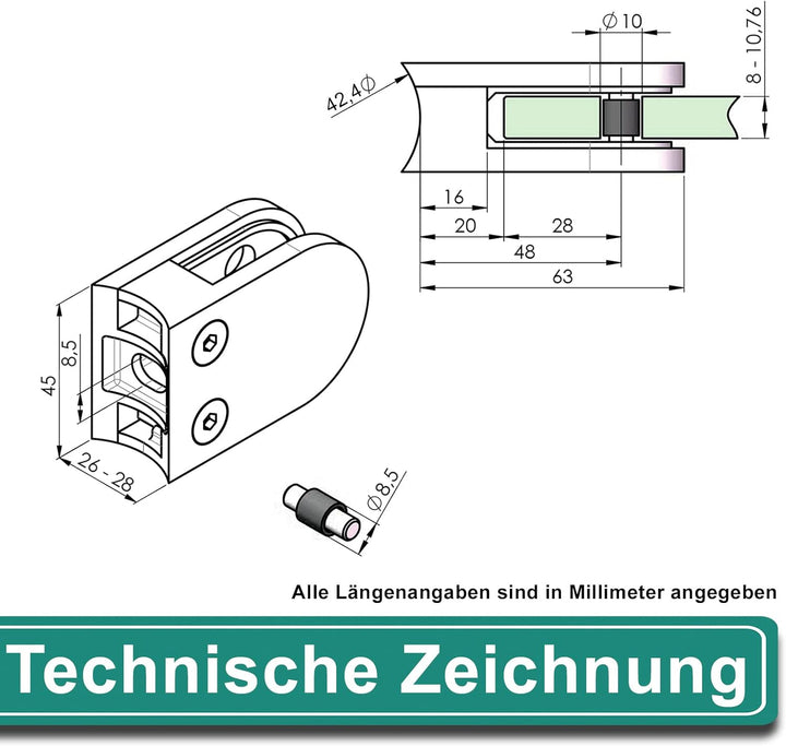 PRIOstahl Glashalter 4 Stück Glasklemmen Klemmhalter Glasplattenhalter 63 x 45 x 26-28 mm mit Sicher