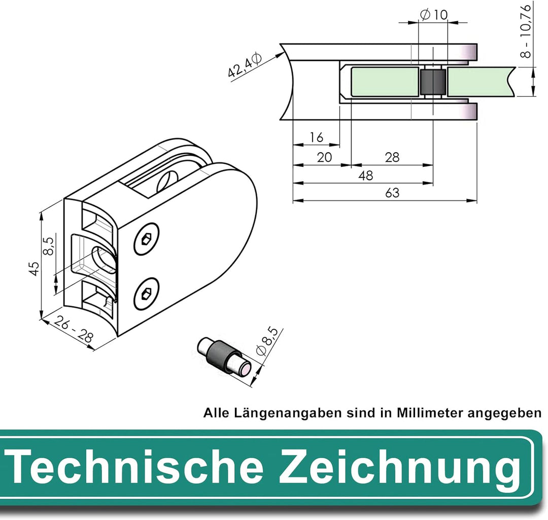PRIOstahl Glashalter 4 Stück Glasklemmen Klemmhalter Glasplattenhalter 63 x 45 x 26-28 mm mit Sicher