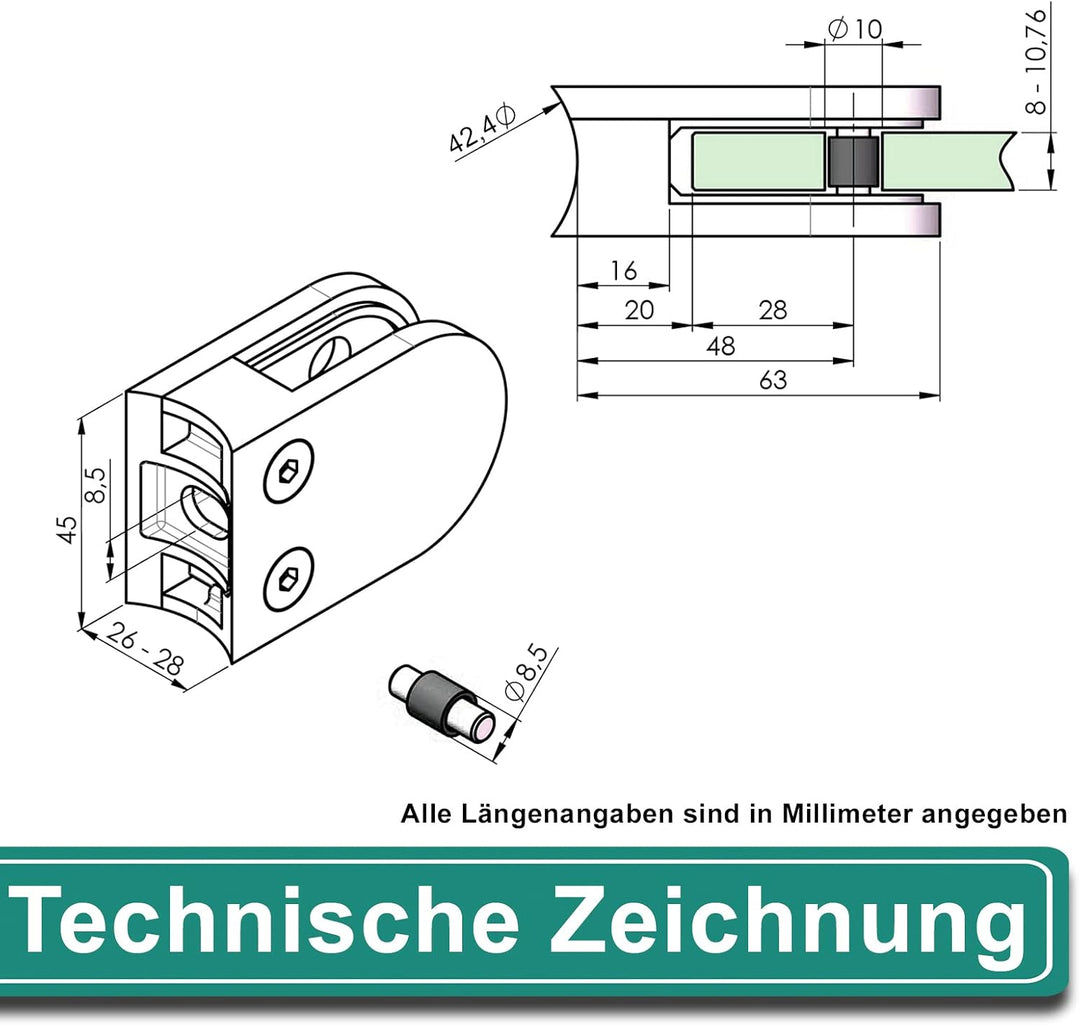 PRIOstahl Glashalter 4 Stück Glasklemmen Klemmhalter Glasplattenhalter 63 x 45 x 26-28 mm mit Sicher