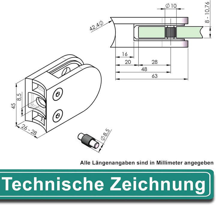 PRIOstahl Glashalter 4 Stück Glasklemmen Klemmhalter Glasplattenhalter 63 x 45 x 26-28 mm mit Sicher