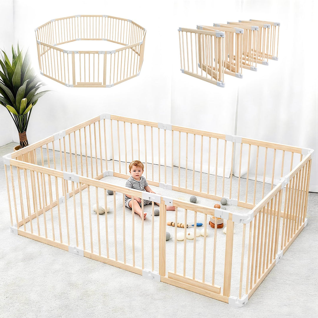 Laufstall Baby, Laufgitter Baby aus Holz, faltbar mit Tür &amp; Sicherheitsverschluss, individuell formb